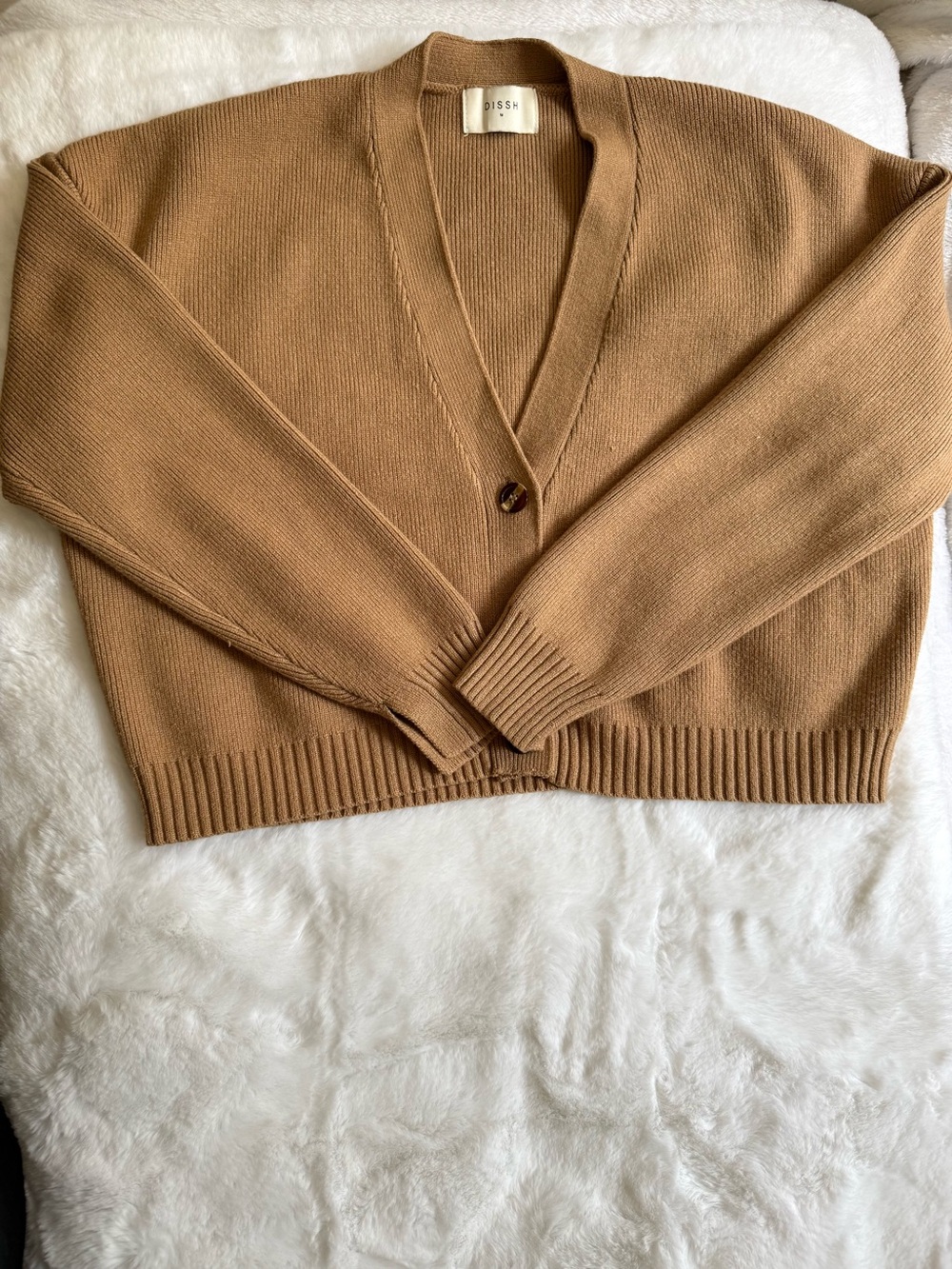 DISSH Camel Rib Knit Cropped Cardigan Oversized Minimalist Neutral Sweater M
